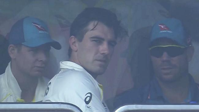 DELHI, INDIA – FEBRUARY 19: (L-R) Steve Smith, Pat Cummins &amp; David Warner watch on during day three of the Second Test match in the series between India and Australia at Arun Jaitley Stadium in Delhi, India. Picture: Fox Sports