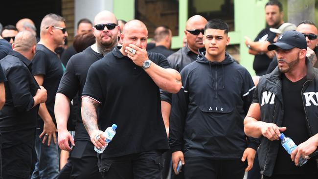 Mourner's leave after the funeral of Mahmoud 'Mick' Hawi at the Fatima Al-Zahra Masjid (mosque) in Arncliffe, Sydney. Picture: AAP Image.