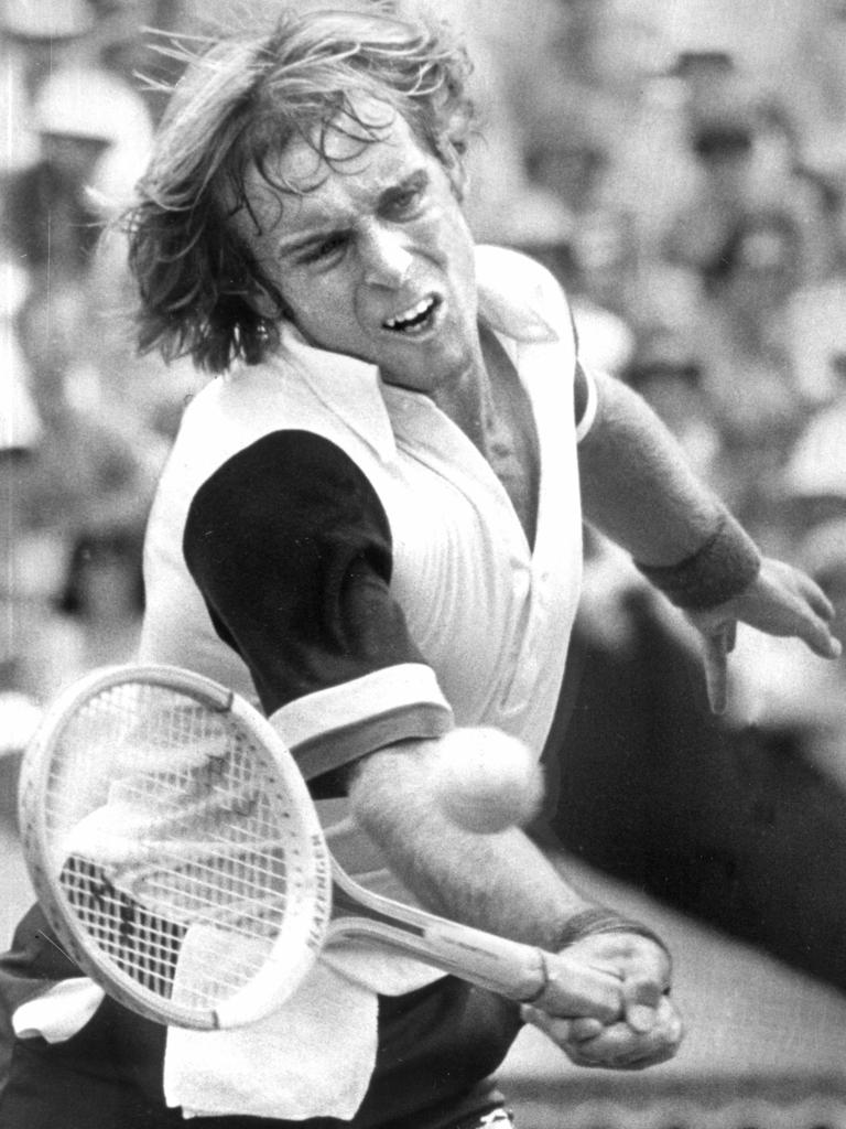 John Lloyd returns to Gerulaitis during final of Australian Open Championships at Kooyong in Melbourne, 1978. Picture: Mike Arthur.