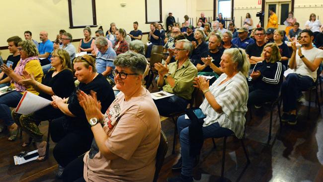 Adelaide Hills residents at a town meeting in Mylor following the Cherry Gardens bushfire in January. Picture: Brenton Edwards