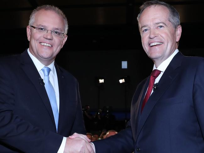 NEWS2019ELECTION 3/05/2019. DAY23People's Forum Brisbane.The Prime Minister Scott Morrison and the Opposition Leader Bill Shorten shake hands before the Sky News/Courier Mail People's Forum in Brisbane. May 3, 2019.Picture: Gary Ramage/News Corp Australia