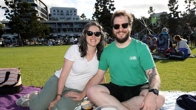 Jess McIvor and James Barrett. Locals and visitors arrived early to get a good spot for the Geelong New Years Eve celebrations. Picture: Alan Barber