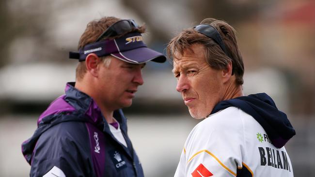 Melbourne Storm training at Gosch's Paddock, Melbourne 28th August 2013 Picture by Colleen Petch. Coach CRaig Bellamy at training with development coach Adam O'Brien