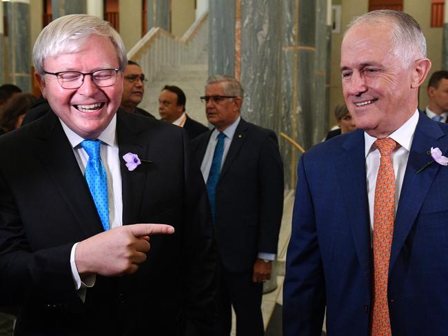 Former prime minister Kevin Rudd and Prime Minister Malcolm Turnbull at a breakfast to mark the 10th anniversary of the National Apology to Australia's indigenous people at Parliament House in Canberra, Tuesday, February 13, 2018. (AAP Image/Mick Tsikas) NO ARCHIVING