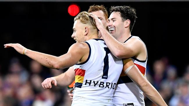 Hugh Greenwood of the Crows celebrates kicking one of his four goals. Picture: Bradley Kanaris/Getty Images