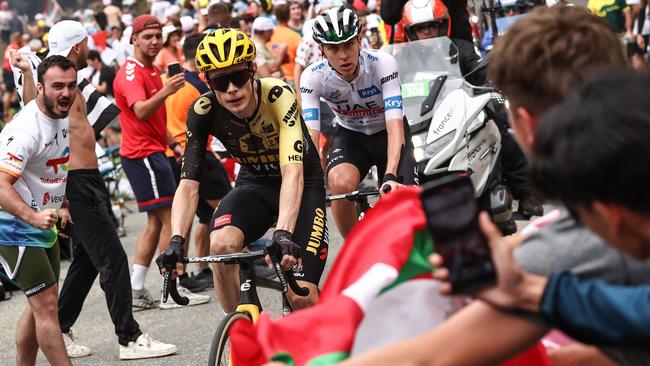 Jonas Vingegaard (left) and Tadej Pogacar break from the pack in the final ascent of the Col de Cauterets-Cambasque during the sixth stage of the Tour de France. Picture: AFP