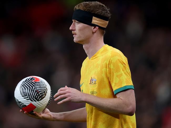 LONDON, ENGLAND - OCTOBER 13: Kye Rowles of Australia in action during the international friendly match between England and Australia at Wembley Stadium on October 13, 2023 in London, England. (Photo by Tom Dulat/Getty Images)