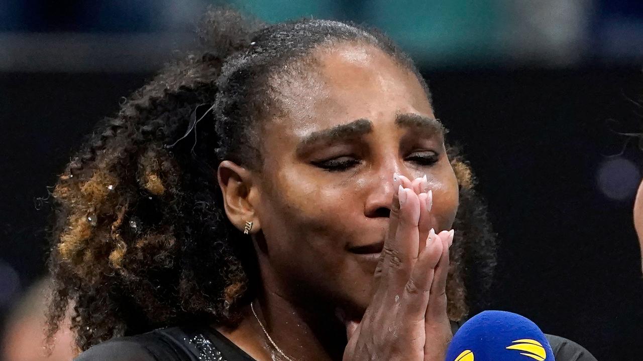 TOPSHOT - USA's Serena Williams gets emotional in a post match interview after losing against Australia's Ajla Tomljanovic during their 2022 US Open Tennis tournament women's singles third round match at the USTA Billie Jean King National Tennis Center in New York, on September 2, 2022. (Photo by TIMOTHY A. CLARY / AFP)