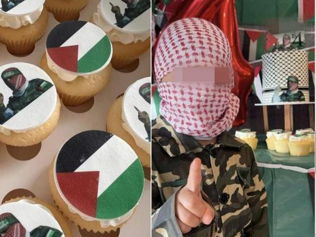 **BLURRED VERSION**  A Sydney baker has posted images of a four year old child dressed as a Hamas terrorist and a picture of an actual terrorist on his 4th birthday cake, Abu Obaida - a notorious Hamas terrorist and spokesman for the group.https://twitter.com/AustralianJA/status/1792877353007456599/photo/1 AJewishAssoc twitter: