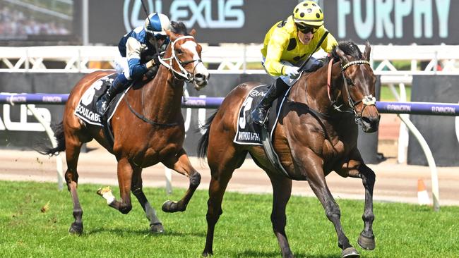 MELBOURNE, AUSTRALIA - NOVEMBER 07: Mark Zahra riding Without A Fight winning Race 7, the Lexus Melbourne Cup,  during Melbourne Cup Day at Flemington Racecourse on November 07, 2023 in Melbourne, Australia. (Photo by Vince Caligiuri/Getty Images)