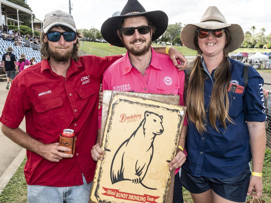 (from left) Windston Olive, Daniel Drager and Anna Burgess. Meatstock 2023 at Toowoomba Showgrounds. Saturday, April 15, 2023. Picture: Nev Madsen.