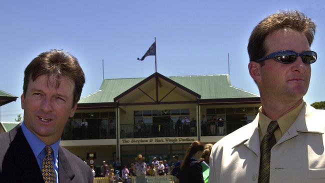 Steve and Mark Waugh in front of the pavilion named in their honour at Bankstown Oval, 8 February, 2000. (AAP PHOTO/ MATT WRITTLE)