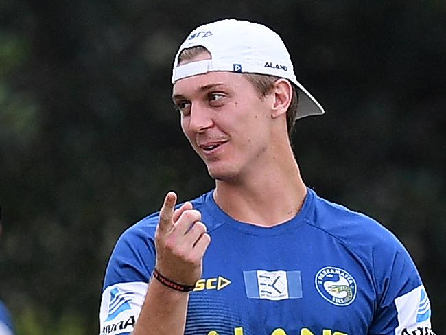 Parramatta Eels players Dylan Brown and Shaun Lane take part in a team training session at the Old Saleyards Reserve, in Sydney, Tuesday, February 5, 2019. (AAP Image/Dan Himbrechts) NO ARCHIVING