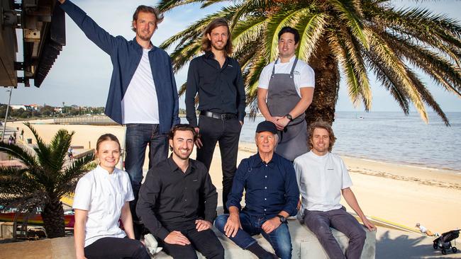 Team Stokehouse: clockwise from top left: Peter van Haandel venue manager, Hugh van Haandel restaurant manager, Mark Wong head chef, Jason Staudt executive chef, founder Frank van Haandel, Wil Martin sommelier, and Lauren Eldridge group pastry chef. Picture: Mark Stewart