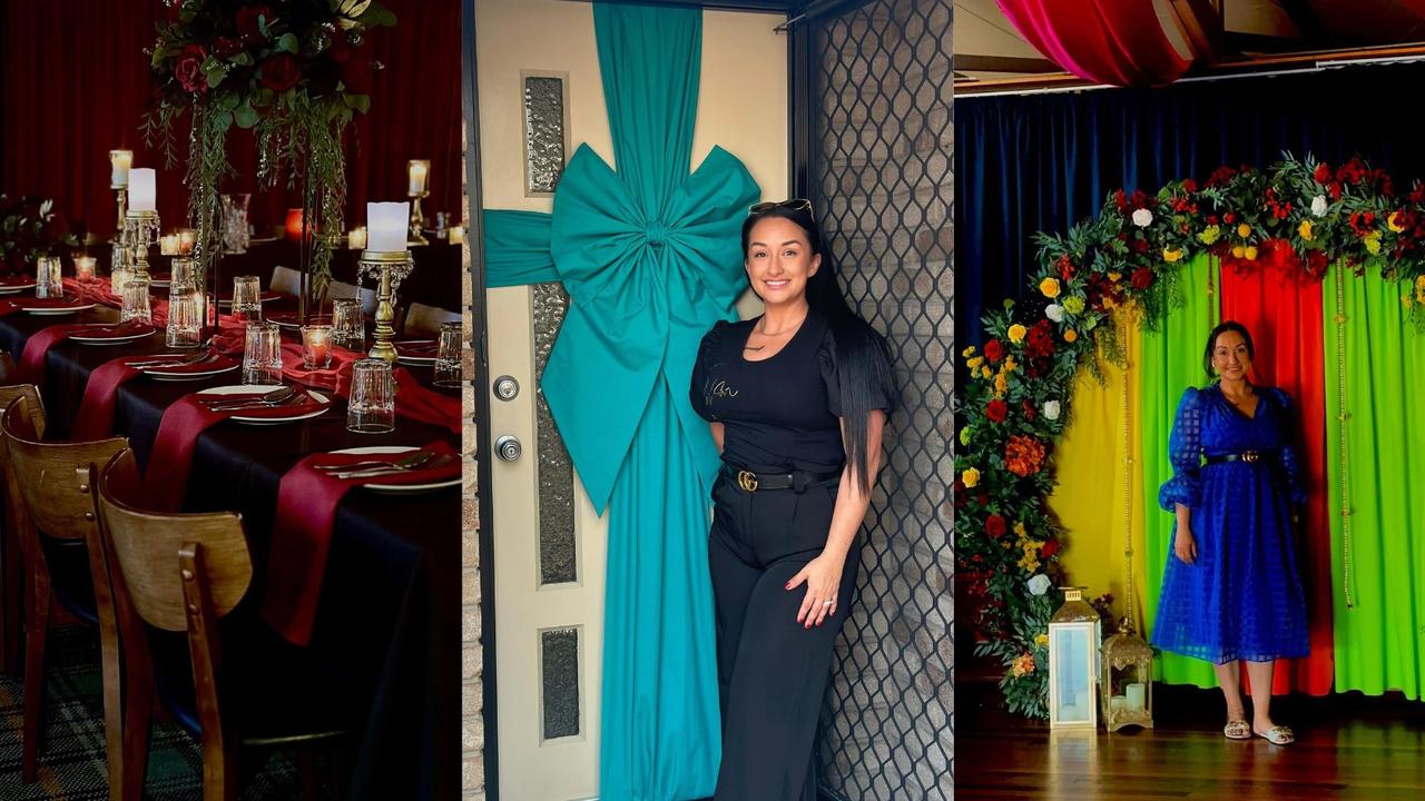 Scenes from the recent Gothic Romanticism inspired wedding (left). In the centre, Samantha stands with a small part of her business, giant bows for functions, Christmas and new homeowners. On the right, a small part of the decorations from a recent baby shower inspired by the families Indian heritage.