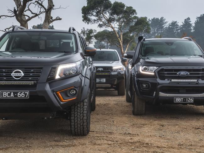 Tough utes compared: Nissan Navara Warrior v Ford Ranger Wiltrak X v Toyota HiLux Rugged X. Photos: Mark Bean.