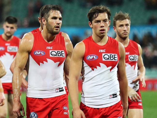 Dejected Swans during AFL match Sydney Swans v Hawthorn at the SCG. Picture. Phil Hillyard