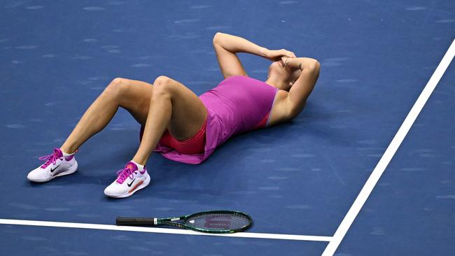 Belarus's Aryna Sabalenka reacts after the win. Photo by ANGELA WEISS / AFP.