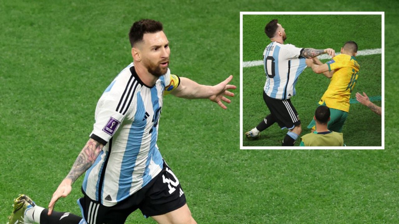 Lionel Messi scored after getting tangled up with Aziz Behich moments earlier. Pictures: AFP