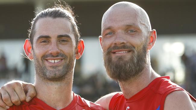 MELBOURNE, AUSTRALIA - FEBRUARY 24: Brodie Grundy and Max Gawn of the Demons pose for a photo during the 2023 AFL match simulation between the St Kilda Saints and the Melbourne Demons at RSEA Park on February 24, 2023 in Melbourne, Australia. (Photo by Dylan Burns/AFL Photos via Getty Images)