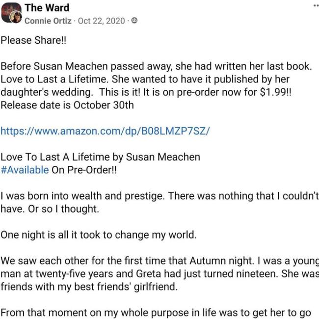 In the private group “The Ward,” Connie Ortiz, believed to be Meachen’s sister, pleaded with the author’s online friends to buy the novelist’s final book. Picture: Twitter/Draggerofliars