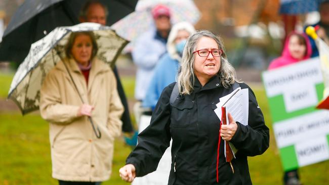 Westbury Residents Against the Prison president Linda Poulton chants 'no prison' at a community meeting regarding the Government's new preferred prison site at Bushy Rivulet on Birralee Rd. Picture: PATRICK GEE