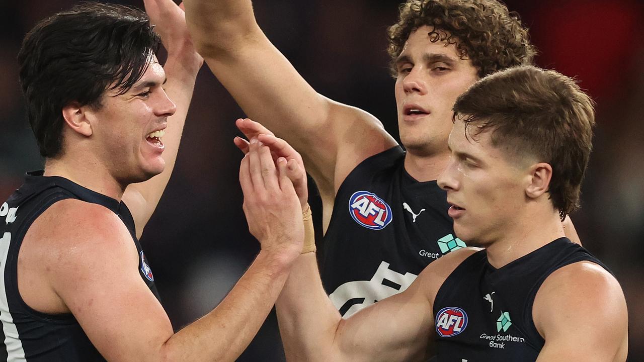 Elijah Hollands (left) of the Blues celebrates after scoring a goal during the Round 18 AFL match between Western Bulldogs and Carlton. (Photo by Robert Cianflone/Getty Images)