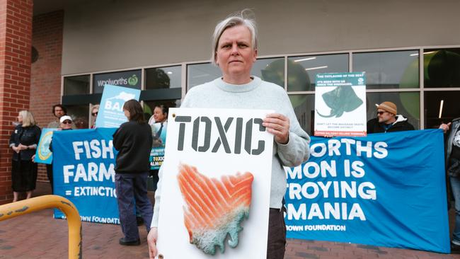 Jenny Weber from the Bob Brown Foundation. Anti-Tasmanian salmon farm protest outside Sandy Bay Woolworths. Picture: Bob Brown Foundation