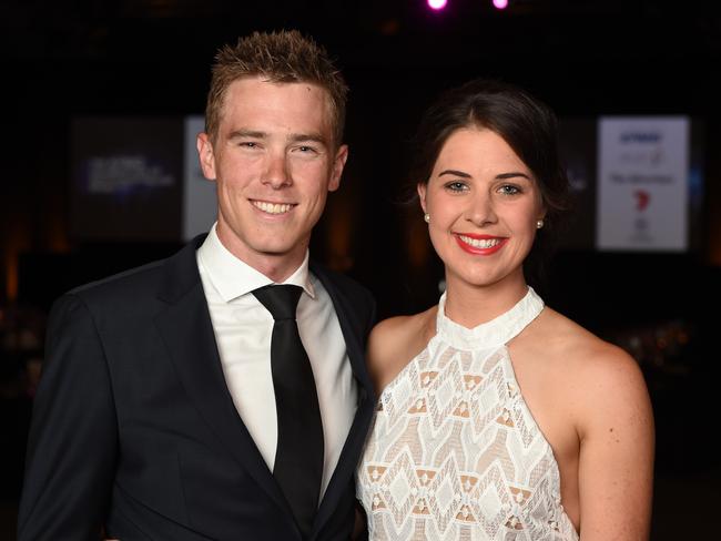 25/11/15 - Advertiser and Channel 7 sports wards and SA Hall of Fame Red carpet at the Convention Centre - Cyclist Rohan Dennis with partner Melissa Hoskins. Photo Naomi Jellicoe