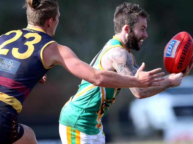 Paul Hagar (R) of Mooroolbark contests with Daniel Gordon of Doncaster East during EFL (Div 2) Doncaster East v Mooroolbark at Tormore Reserve on Saturday, September 9, 2017, in Boronia, Victoria, Australia.Picture: Hamish Blair