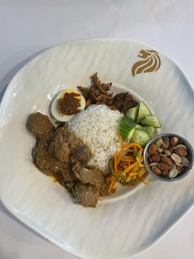 Nasi lemak with beef rendang.