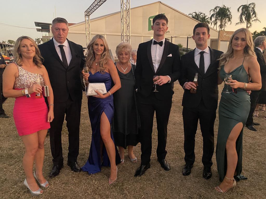 Kimberlee Hayllar, Matthew Gleeson, Samantha Campbell, Kay Hutchison, Campbell Miller, Tim Coxhill, and Alexis Miller enjoy the 2022 Darwin Cup Gala Ball. Picture: NT News