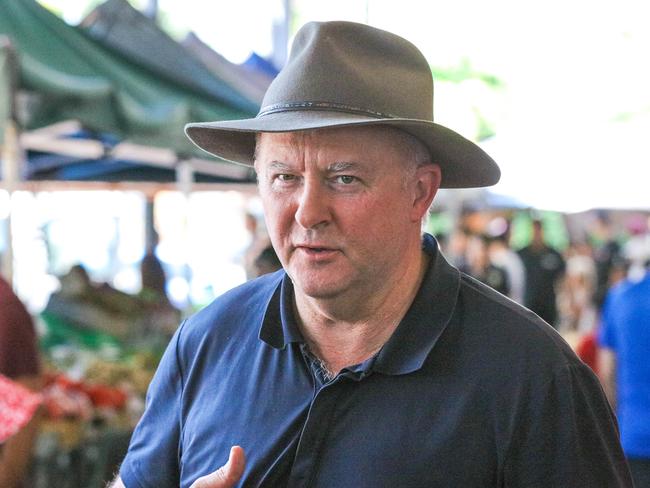 Opposition Leader Anthony Albanese at  Darwin's Rapid Creek Markets today.Picture GLENN CAMPBELL