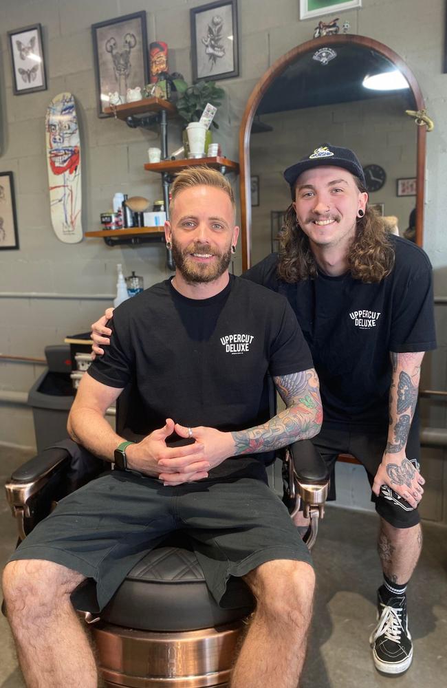 Michael Vernon-Livingston (left) and Luke Grevell (right) opened their barbershop named Knuckleheads in Buddina.