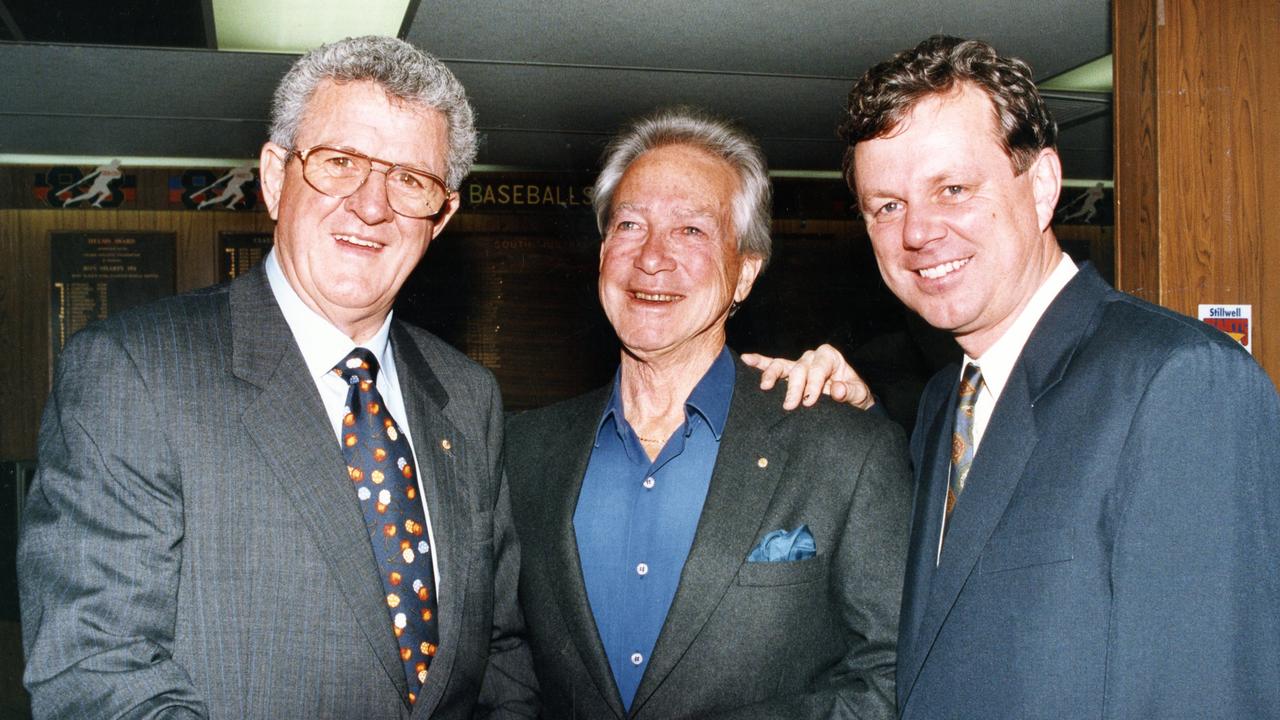 Federal Minister Mick Young and former SA premiers Don Dunstan and Mike Rann and at a testimonial dinner for Mr Dunstan at the Norwood Football Club in 1995. Picture: File