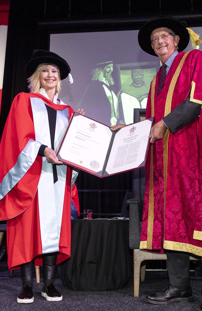 Olivia Newton-John received an Honorary Doctorate of Letters at a special graduation ceremony at La Trobe University in Melbourne yesterday. Picture: AAP Image/Daniel Pockett