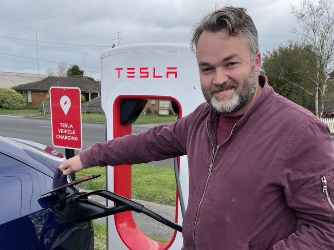 Brydon Coverdale, aka The Shark, charges his EV on his recent family road trip.