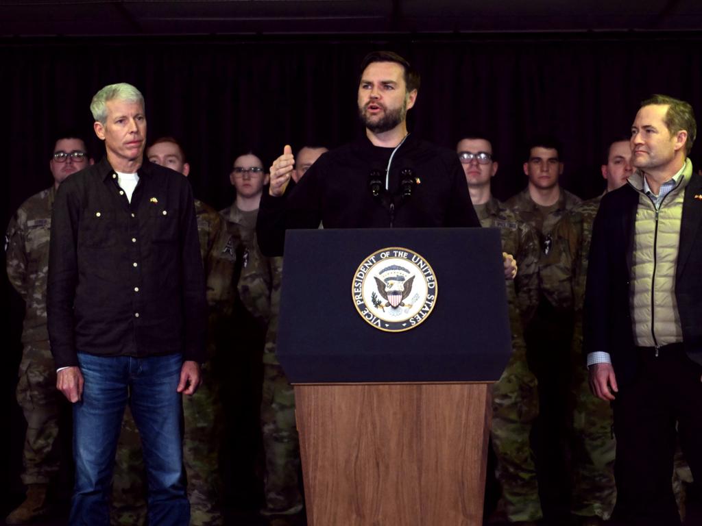 US Vice President JD Vance took part in a fiery press conference in Greenland with Secretary of Energy Chris Wright and National Security Adviser Mike Waltz. Picture: Getty Images
