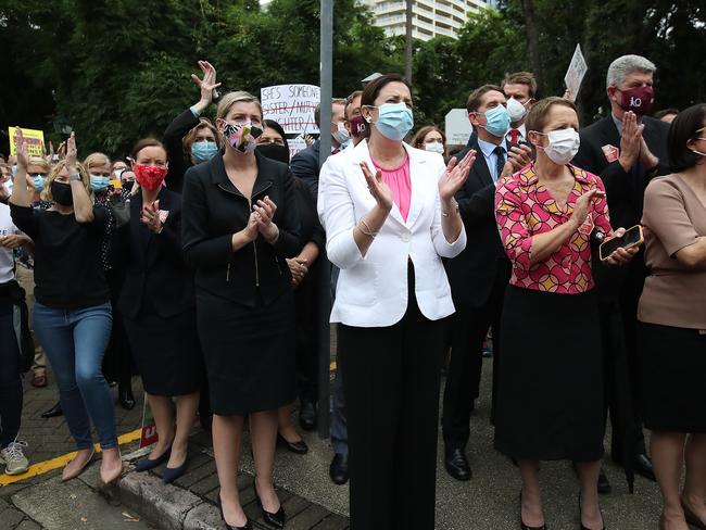 Queensland Premier Annastacia Palaszczuk attends a protest with other ministers in 2021 calling for action against gendered violence in federal parliament.