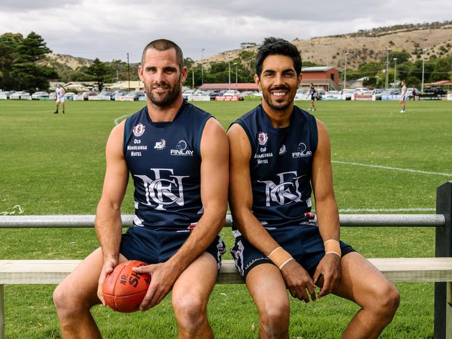 Former South Adelaide captain Josh Thewlis and Ex-Glenelg player Terry Milera have joined Noarlunga for this season and are two of the SFL's highest-profile recruits on Saturday, March 30, 2019. (AAP Image/ Morgan Sette)