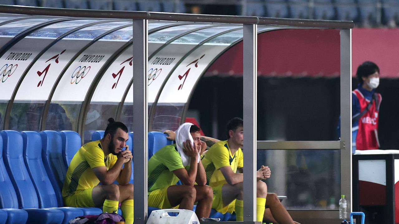 RIFU, MIYAGI, JAPAN - JULY 28: Players of Team Australia look dejected following defeat in the Men's Group C match between Australia and Eygpt on day five of the Tokyo 2020 Olympic Games at Miyagi Stadium on July 28, 2021 in Rifu, Miyagi, Japan. (Photo by Koki Nagahama/Getty Images)