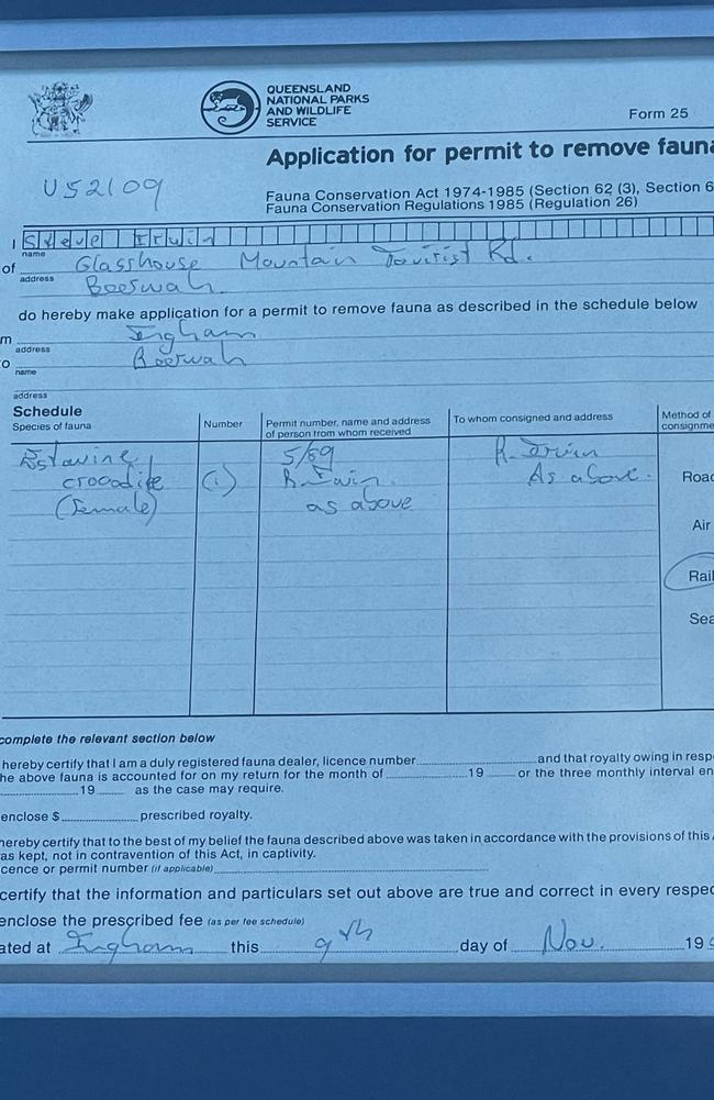 Steve Irwin's first Queensland Government permit to catch and relocate crocodiles, dated November 1989. Picture: supplied