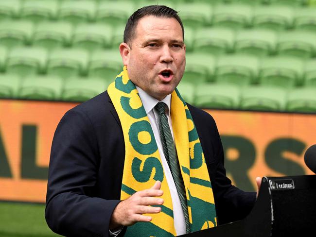 Football Australia CEO James Johnson speaks during an announcement at the Melbourne Rectangular Stadium in Melbourne on August 21, 2024, that Australia will play its 2026 FIFA World Cup AFC qualifying football match against Saudi Arabia on November 14. (Photo by William WEST / AFP) / -- IMAGE RESTRICTED TO EDITORIAL USE – STRICTLY NO COMMERCIAL USE --