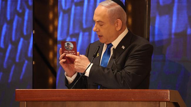 Israeli Prime Minister Benjamin Netanyahu addresses a ceremony marking Memorial Day for fallen soldiers. Picture: AFP