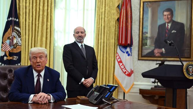 Donald Trump announces reciprocal tariffs in the Oval Office. Picture: AFP.