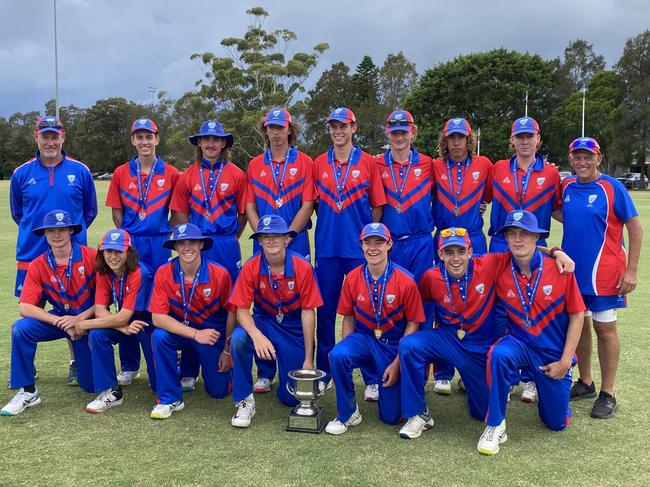 The Newcastle under 16 representative team, winners of the 2022-23 Bradman Cup, the NSW under 16 country championships. Photo: Alex Pichaloff.