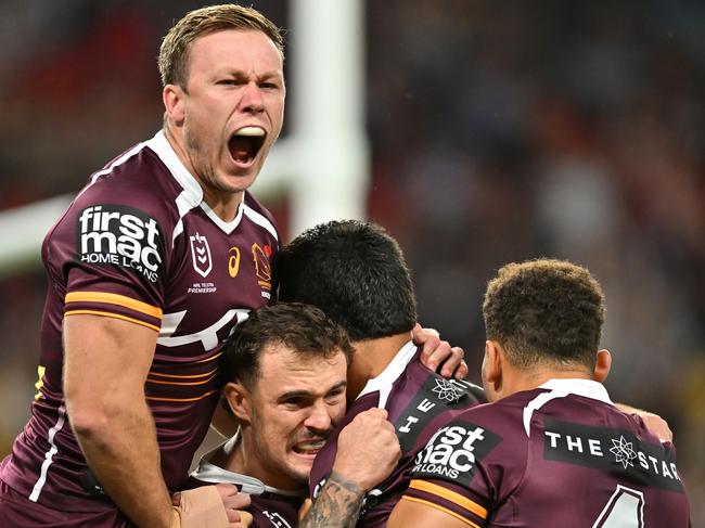 BRISBANE, AUSTRALIA - APRIL 24: Broncos celebrate a Xavier Willison try during the round eight NRL match between Brisbane Broncos and Canterbury Bulldogs at Suncorp Stadium, on April 24, 2025, in Brisbane, Australia. (Photo by Albert Perez/Getty Images)