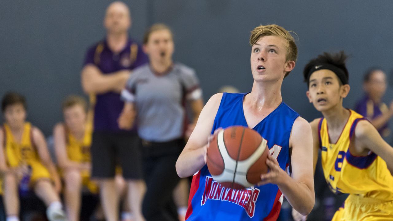 Jack Maxwell of Toowoomba Mountaineers Blue against SWM Pirates Red in BQJBC under-16 boys Development Cup basketball at Clive Berghofer Arena, St Mary's College, Saturday, November 9, 2019. Picture: Kevin Farmer