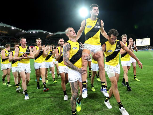 Cotchin of the Tigers celebrating his 200th AFL game. Picture: Getty Images