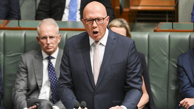 The Opposition Leader, Peter Dutton delivers his budget in reply address in the House of Representatives at Parliament House in Canberra. Picture: NCA NewsWire / Martin Ollman